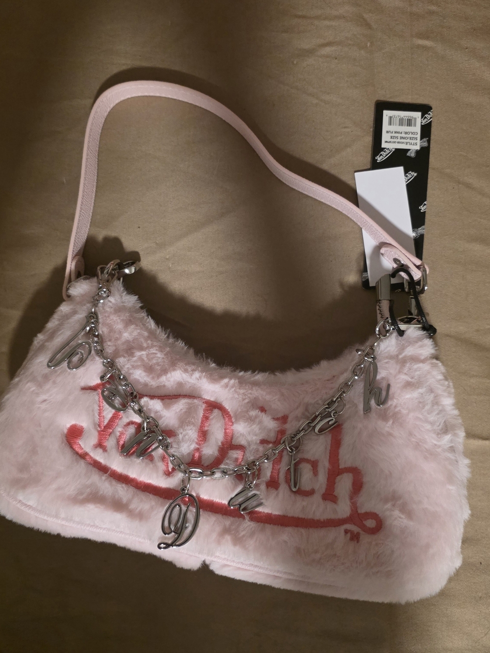 Pink Faux-Fur Shoulder Bag with Charm Chain